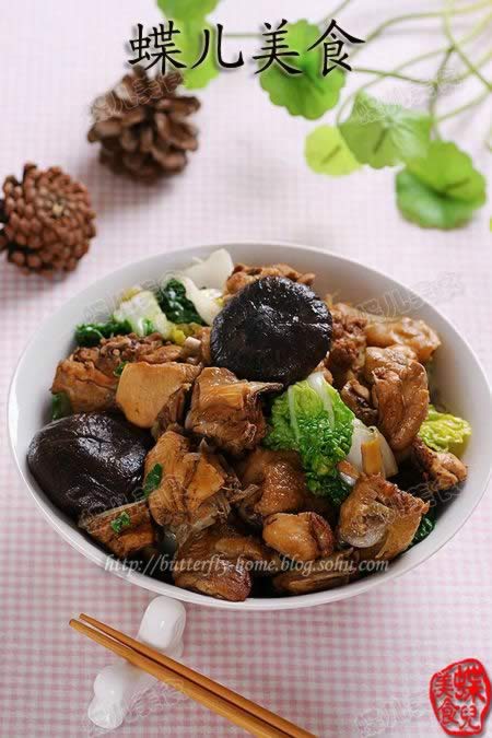 花菇菊花白菜烧鸡块的做法